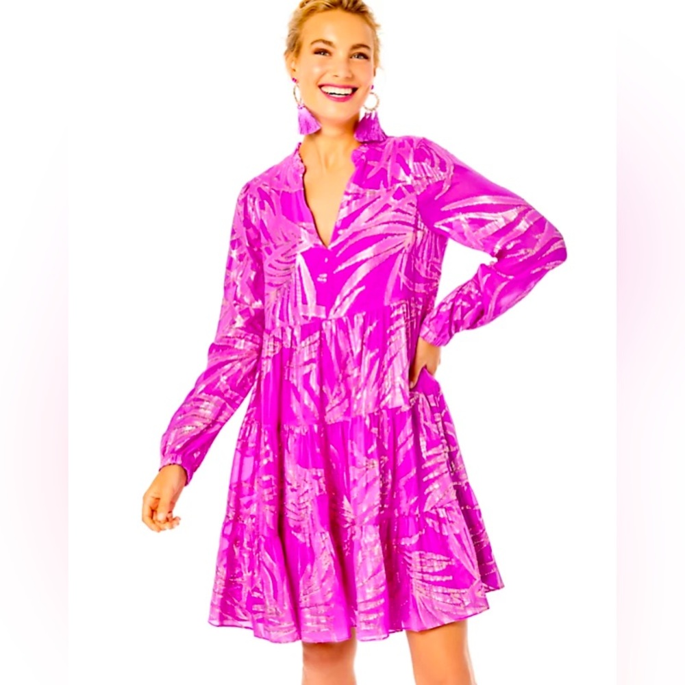 Lilly Pulitzer Sarita Silk Dress Wild Fuchsia Palm Leaf Silk Clip Chiffon